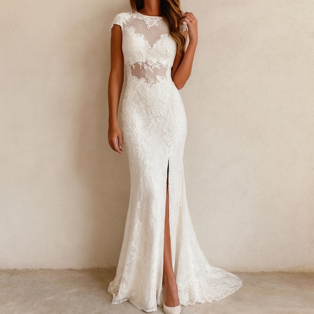 Mac Duggal Ivory Beaded Sequin Lace Prom / Wedding Dress Size Small